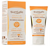 کرم فلوئید ضد آفتاب فیزیکال بدون رنگ با SPF50+ مناسب پوست های حساس و مستعد به قرمزی سان سیف